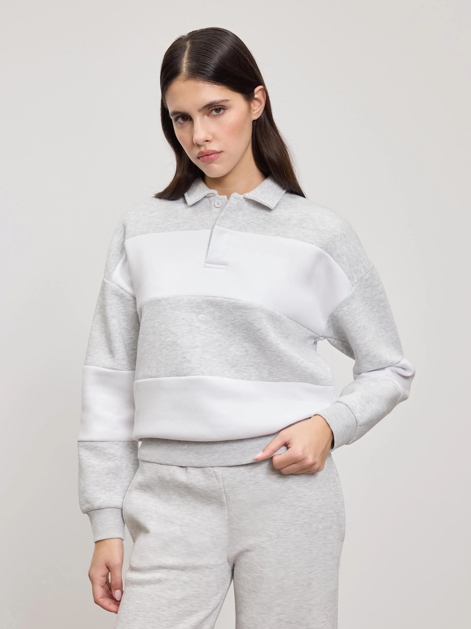 Womens Neoprene Relaxed Rugby Polo Shirt in Marl Grey White - Image 5