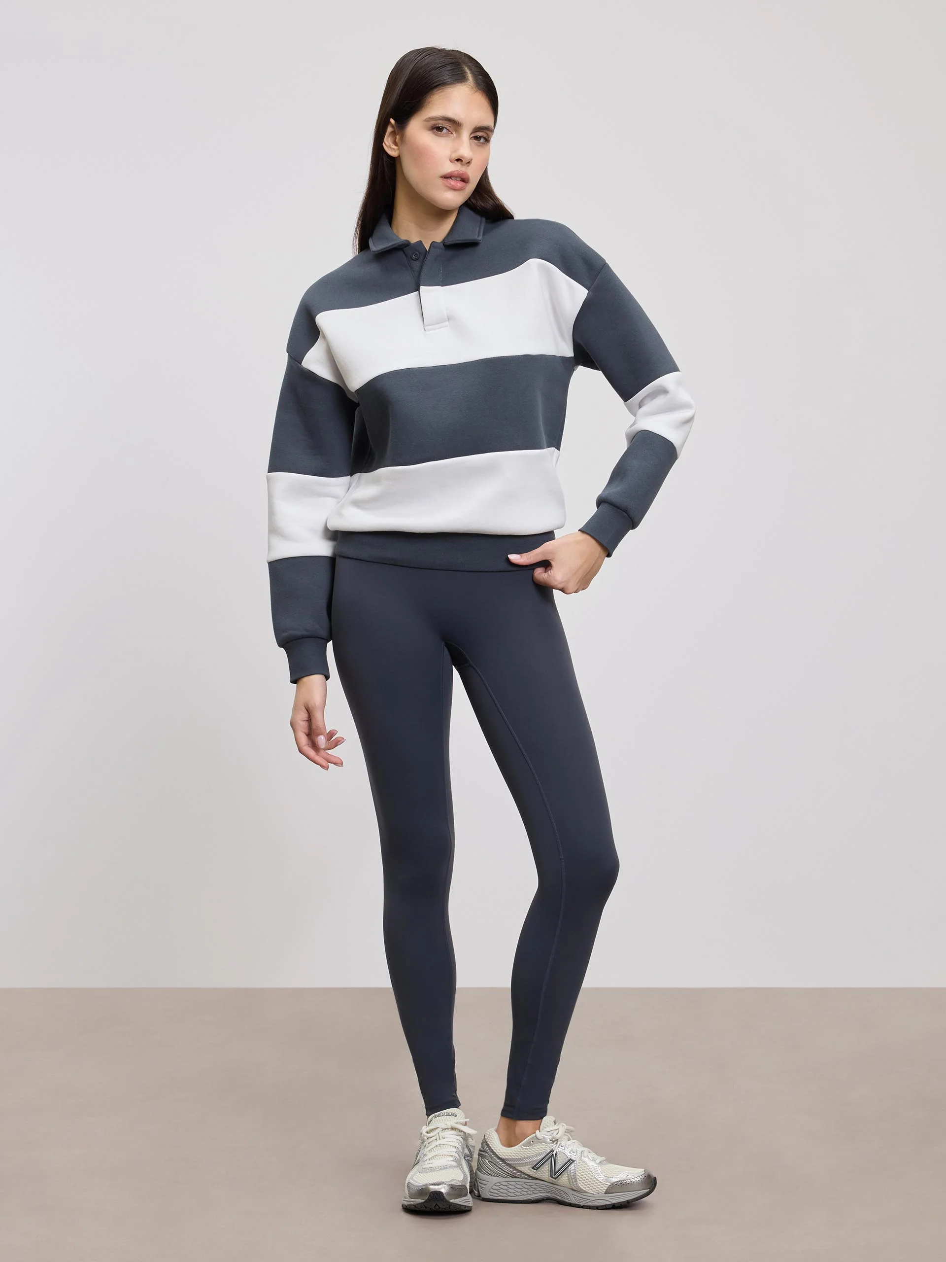 Womens Neoprene Relaxed Rugby Polo Shirt in Slate Blue White - Image 2