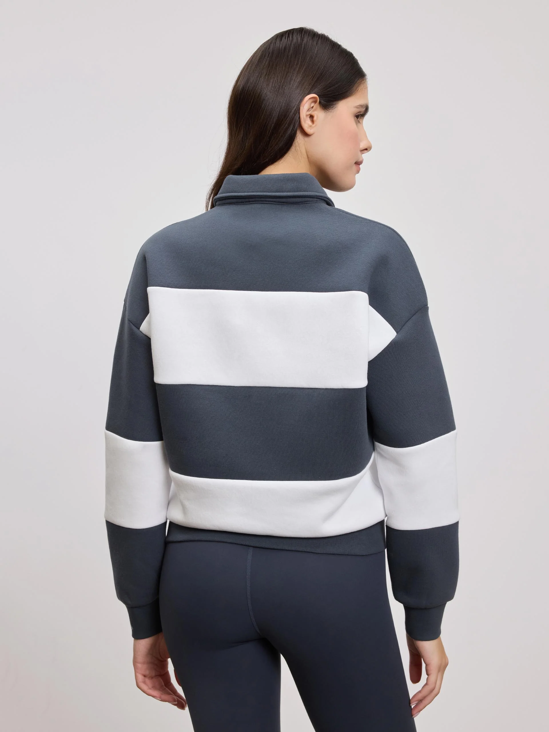 Womens Neoprene Relaxed Rugby Polo Shirt in Slate Blue White - Image 3