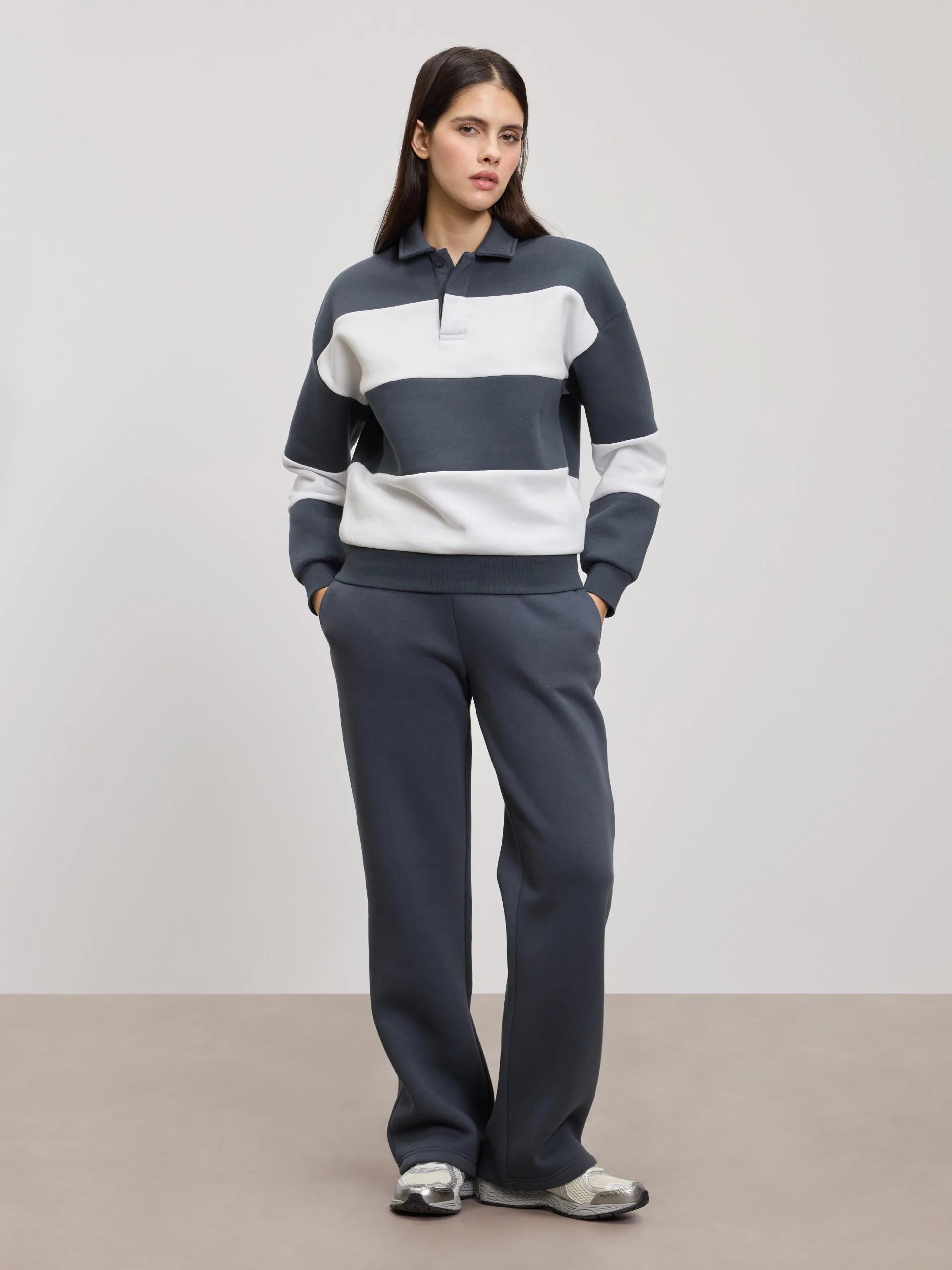 Womens Neoprene Relaxed Rugby Polo Shirt in Slate Blue White - Image 5