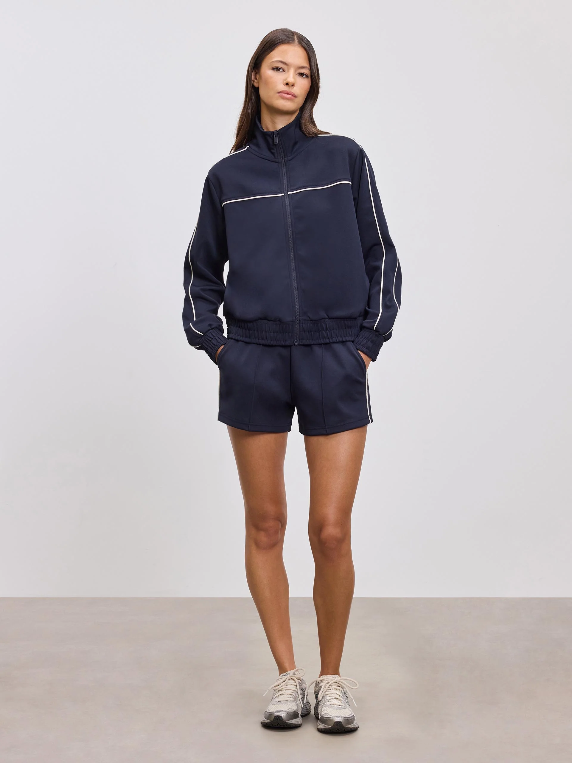 Womens Piping Track Short in Midnight Navy - Image 2