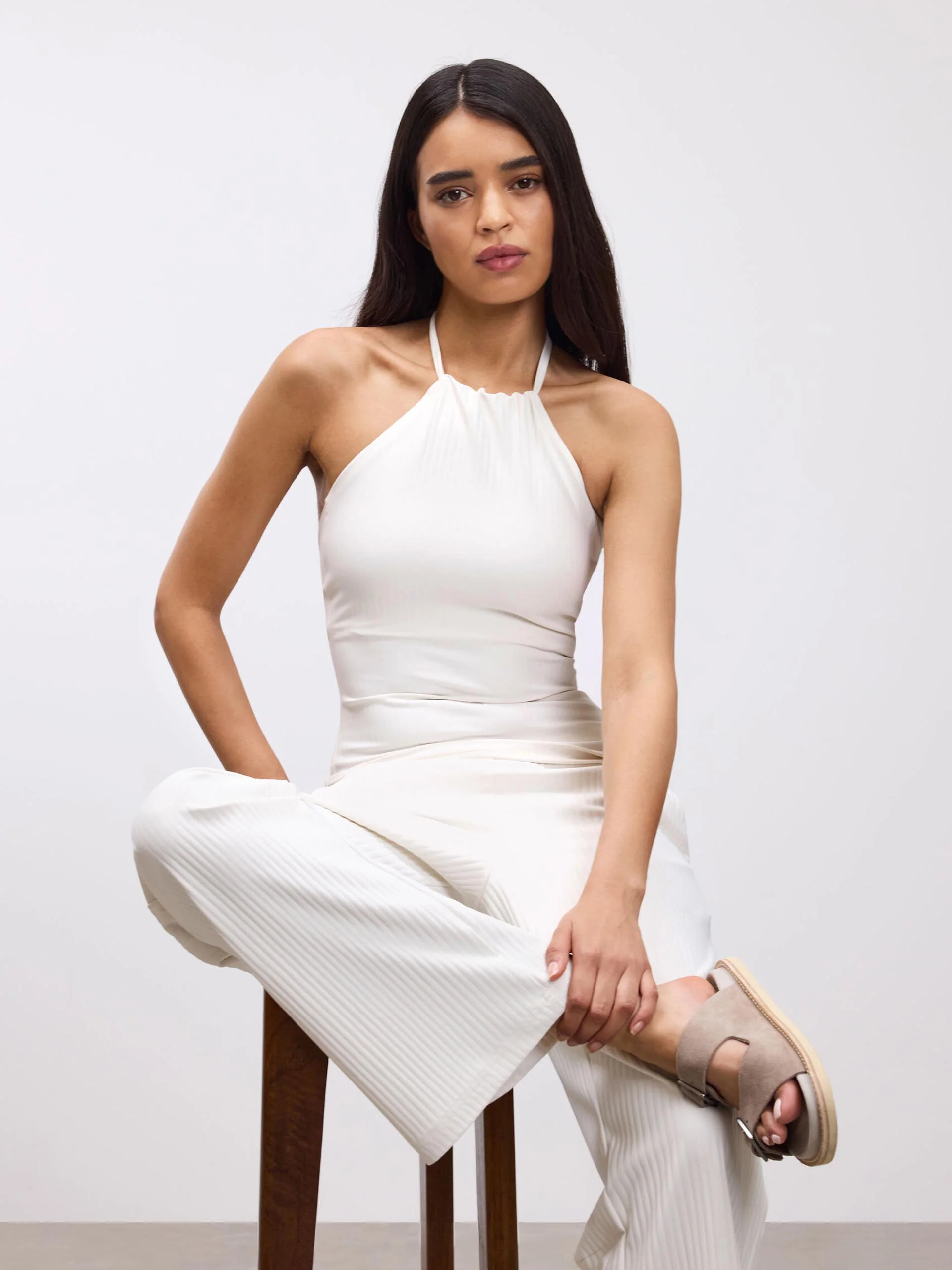 Womens Pleated Halter Top in Ecru - Image 2