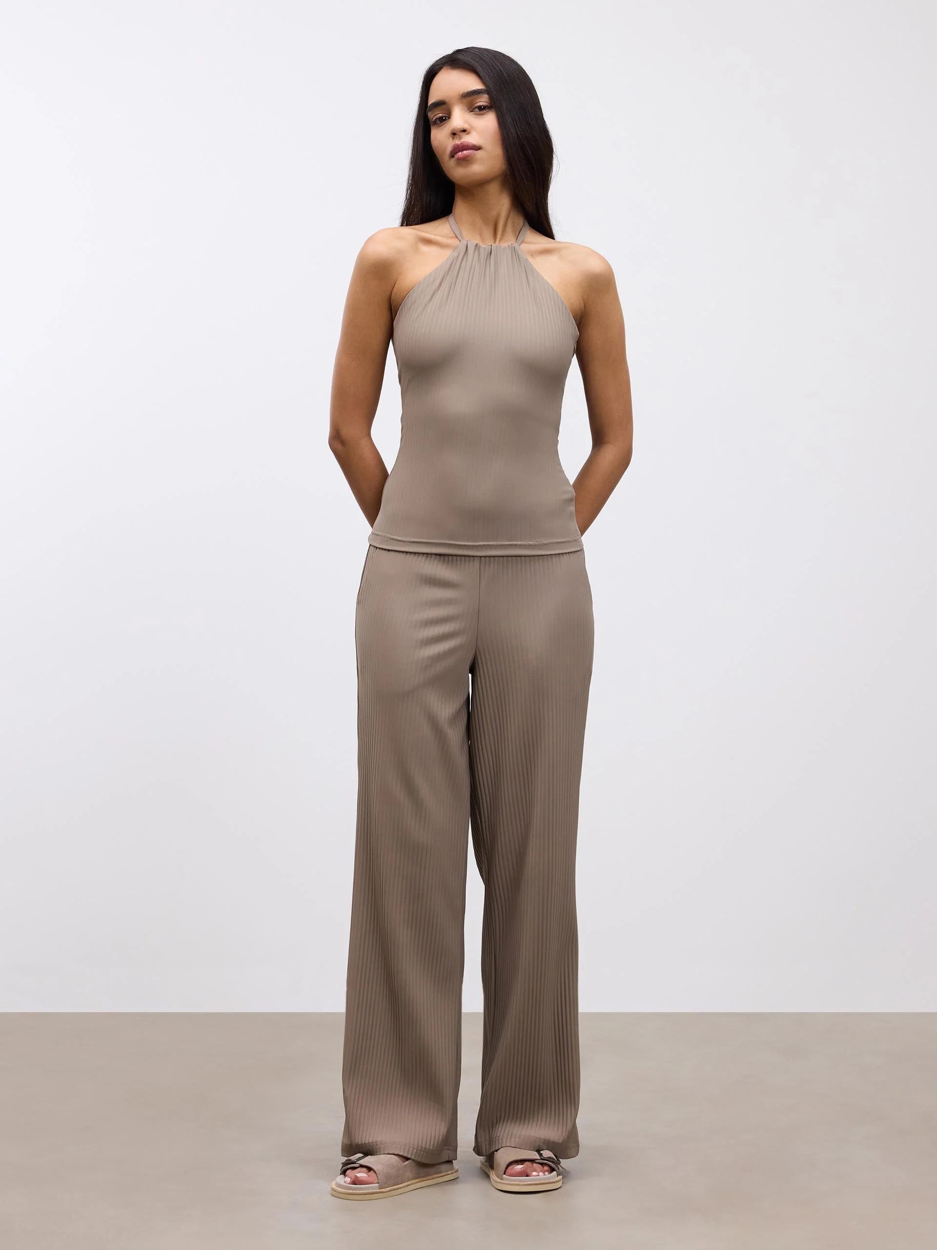 Womens Pleated Halter Top in Taupe - Image 2