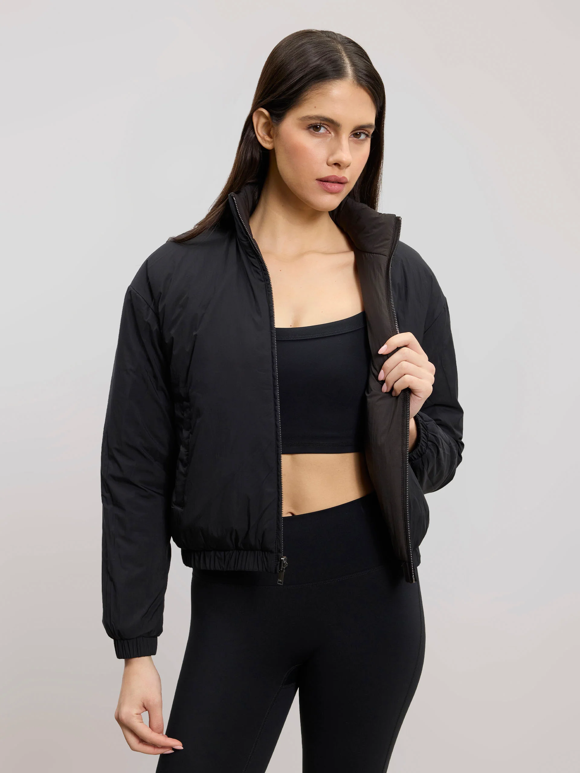 Womens Relaxed Reversible Funnel Neck Jacket in Brown And Black - Image 10