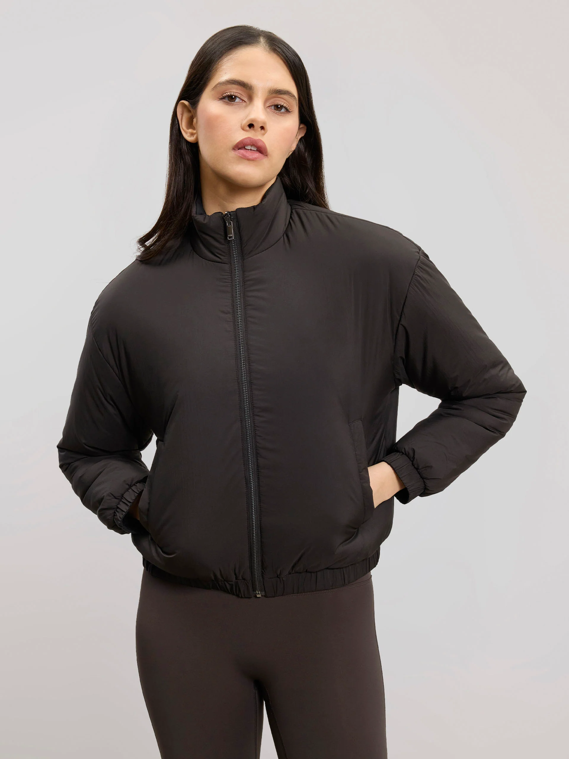 Womens Relaxed Reversible Funnel Neck Jacket in Brown And Black - Image 3