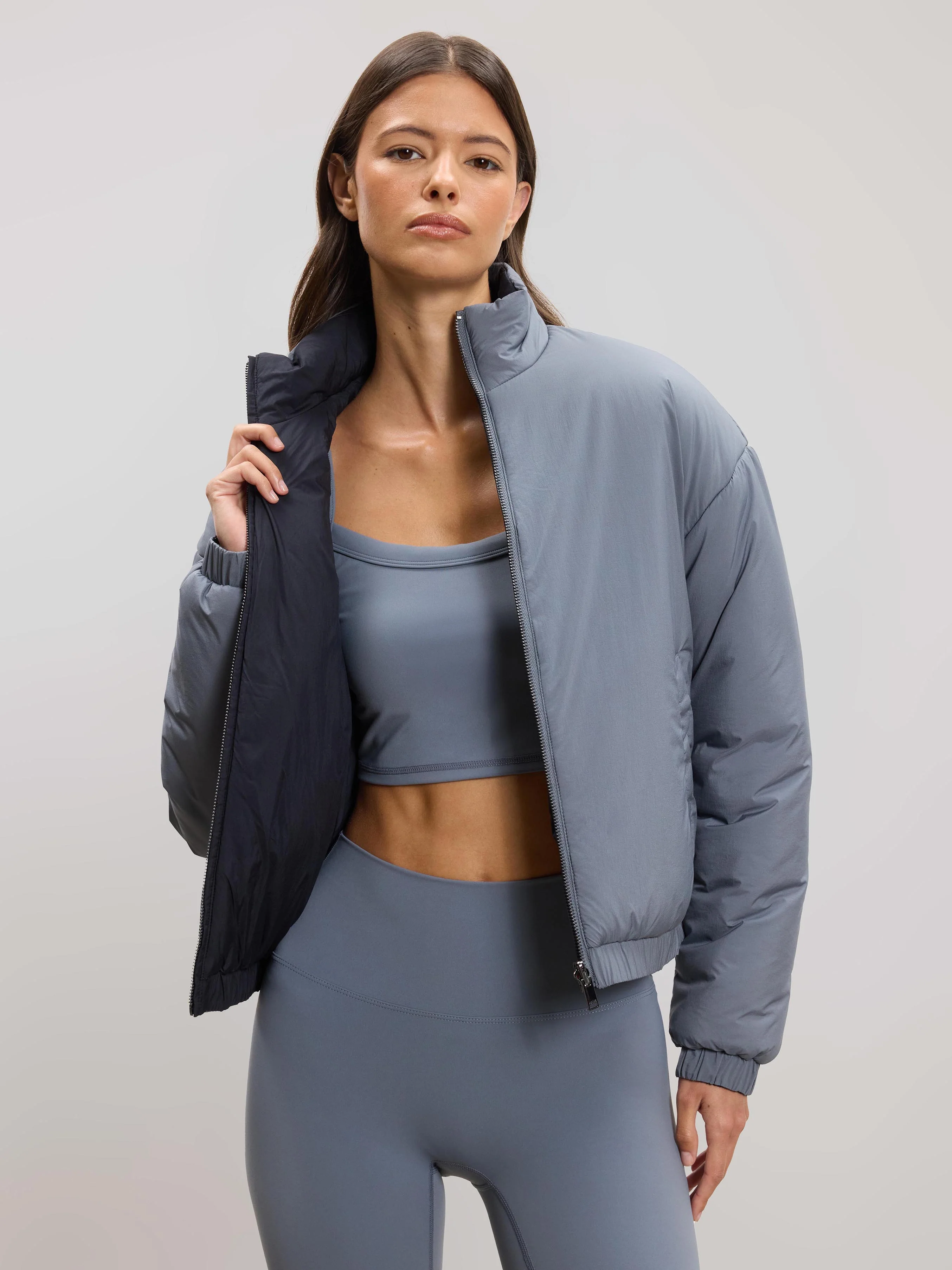 Womens Relaxed Reversible Funnel Neck Jacket in Dove Blue And Navy - Image 11