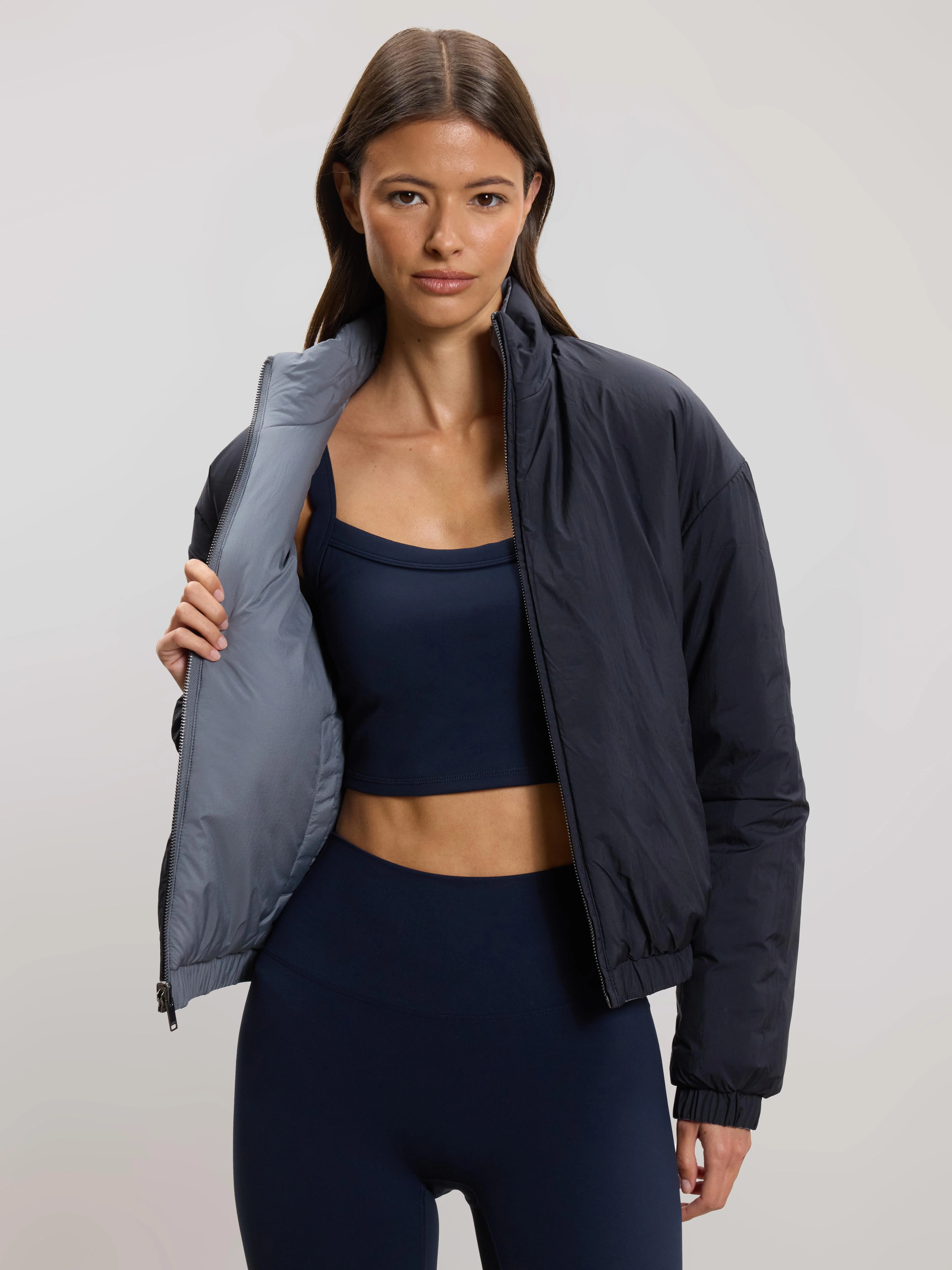 Womens Relaxed Reversible Funnel Neck Jacket in Dove Blue And Navy - Image 13