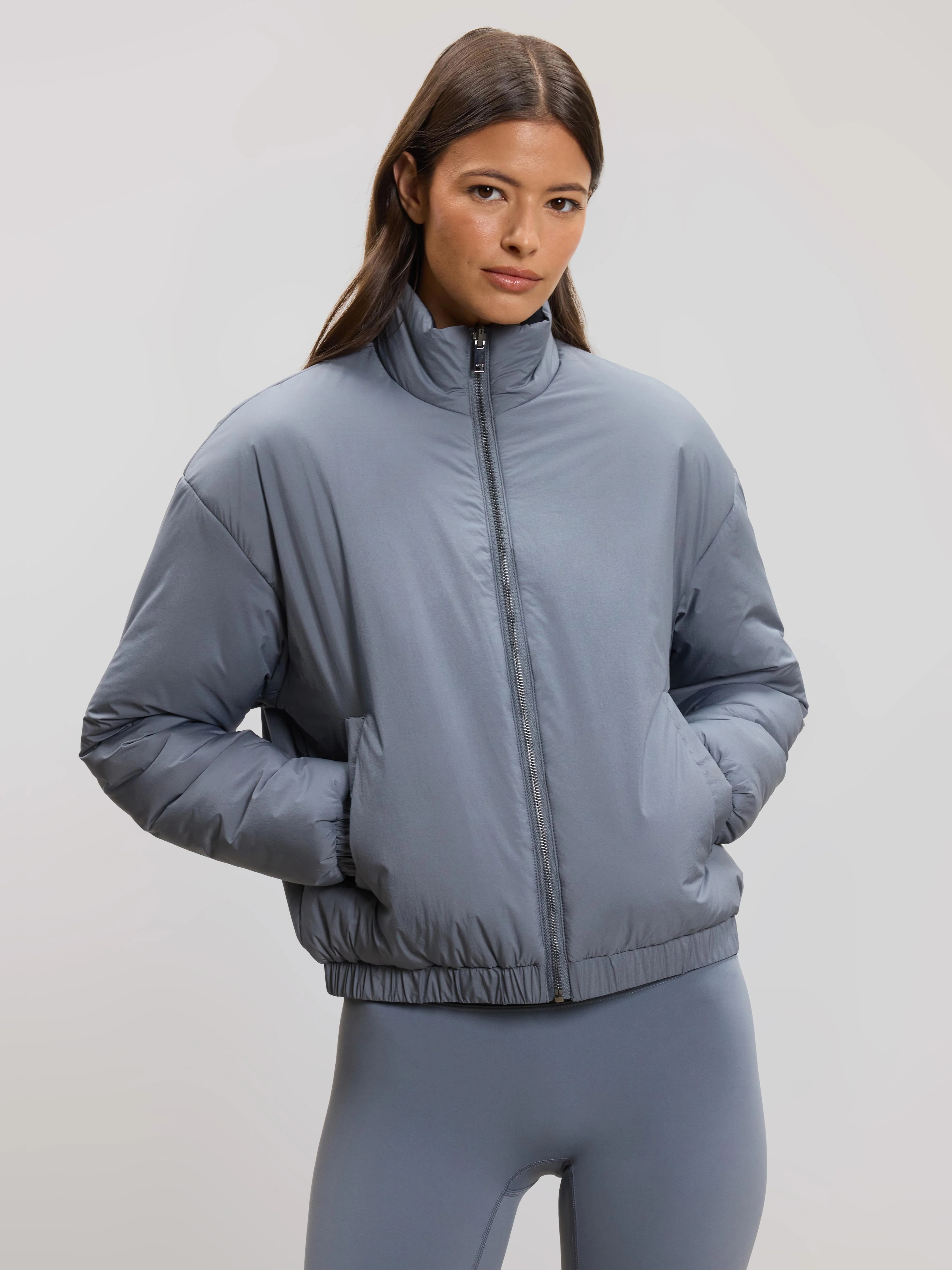 Womens Relaxed Reversible Funnel Neck Jacket in Dove Blue And Navy - Image 6