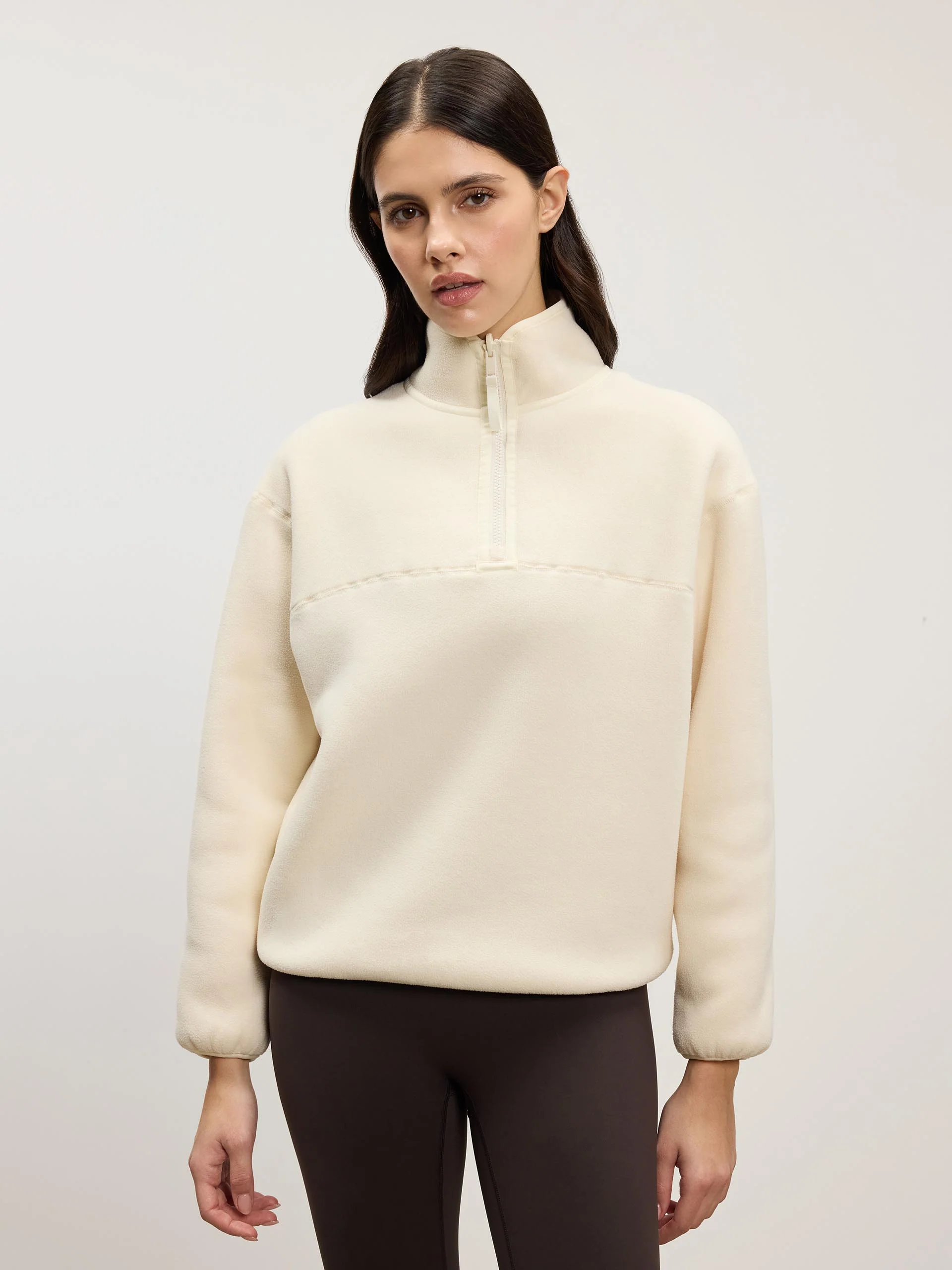 Womens Reversible Sherpa Fleece Half Zip in Ecru - Image 2
