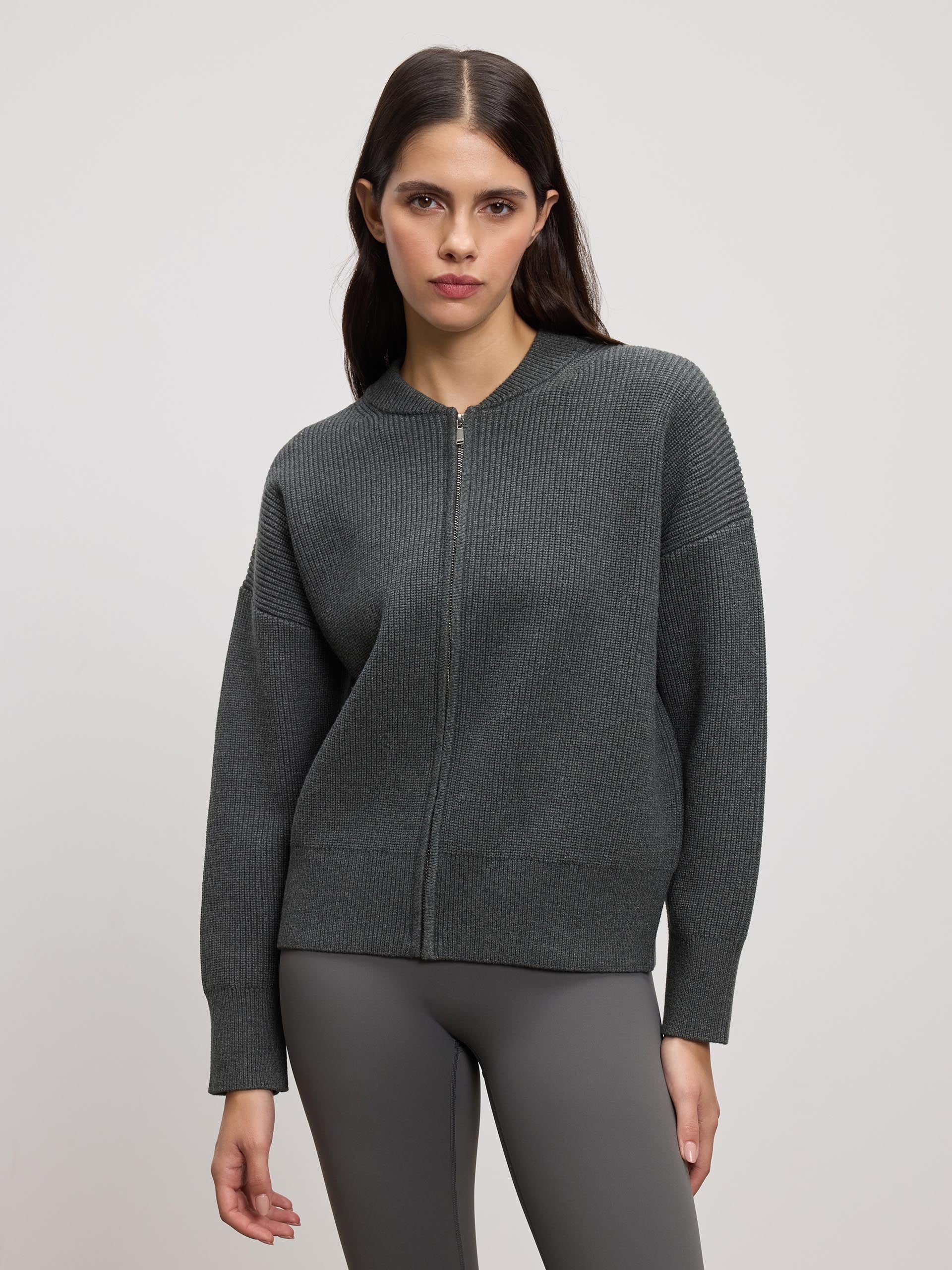 Womens Ribbed Bomber in Charcoal - Image 4