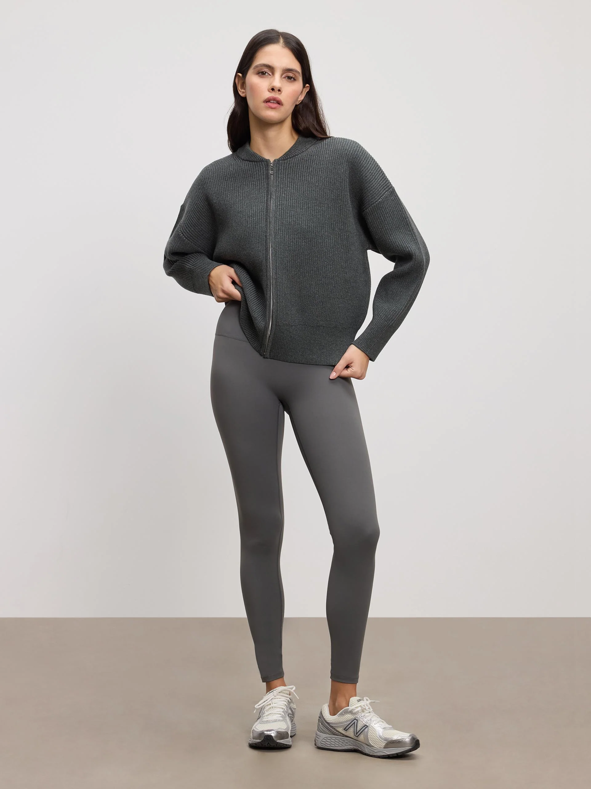 Womens Ribbed Bomber in Charcoal - Image 5