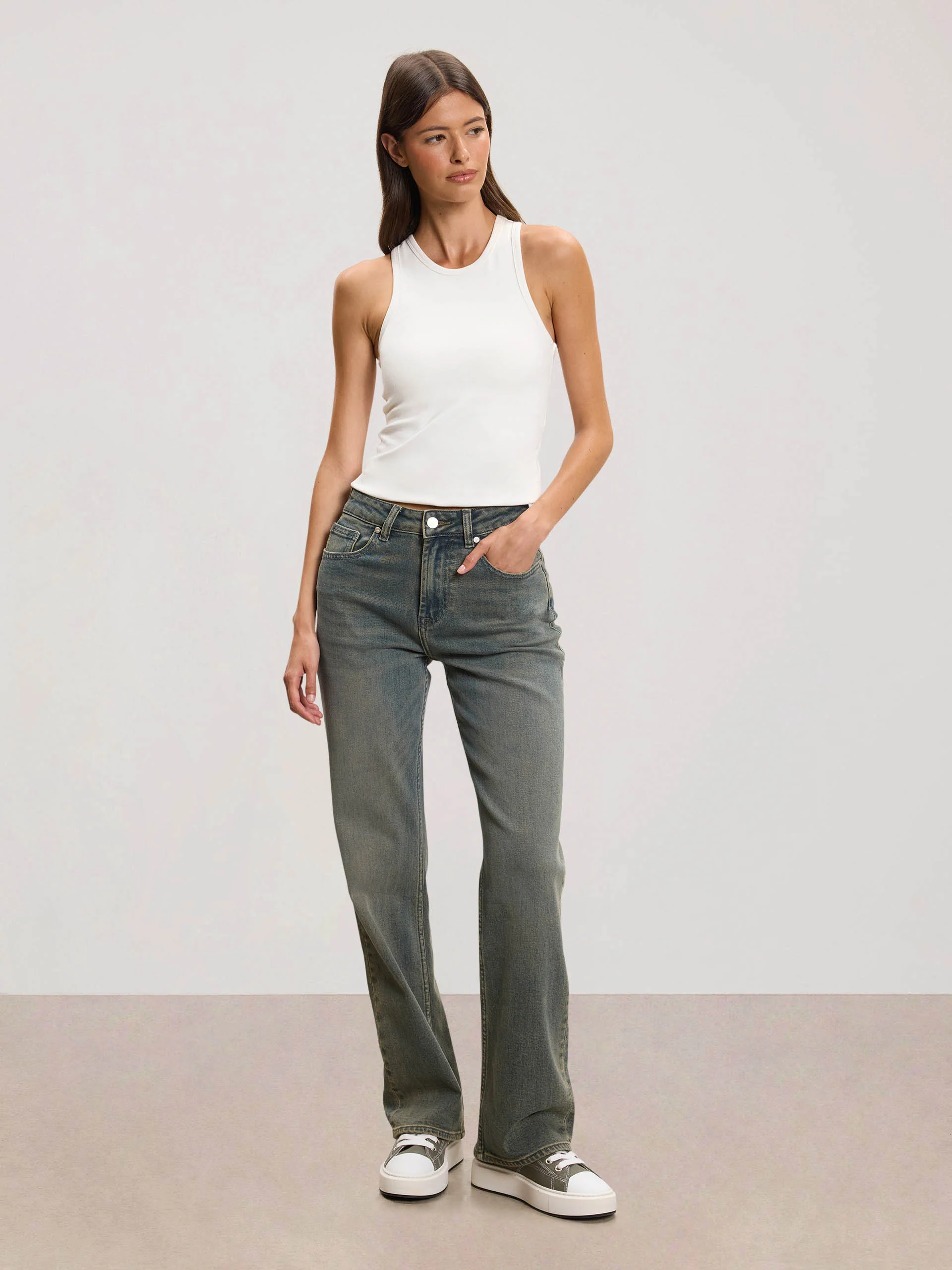 Womens Straight Leg Denim Jeans in Dark Sand - Image 2
