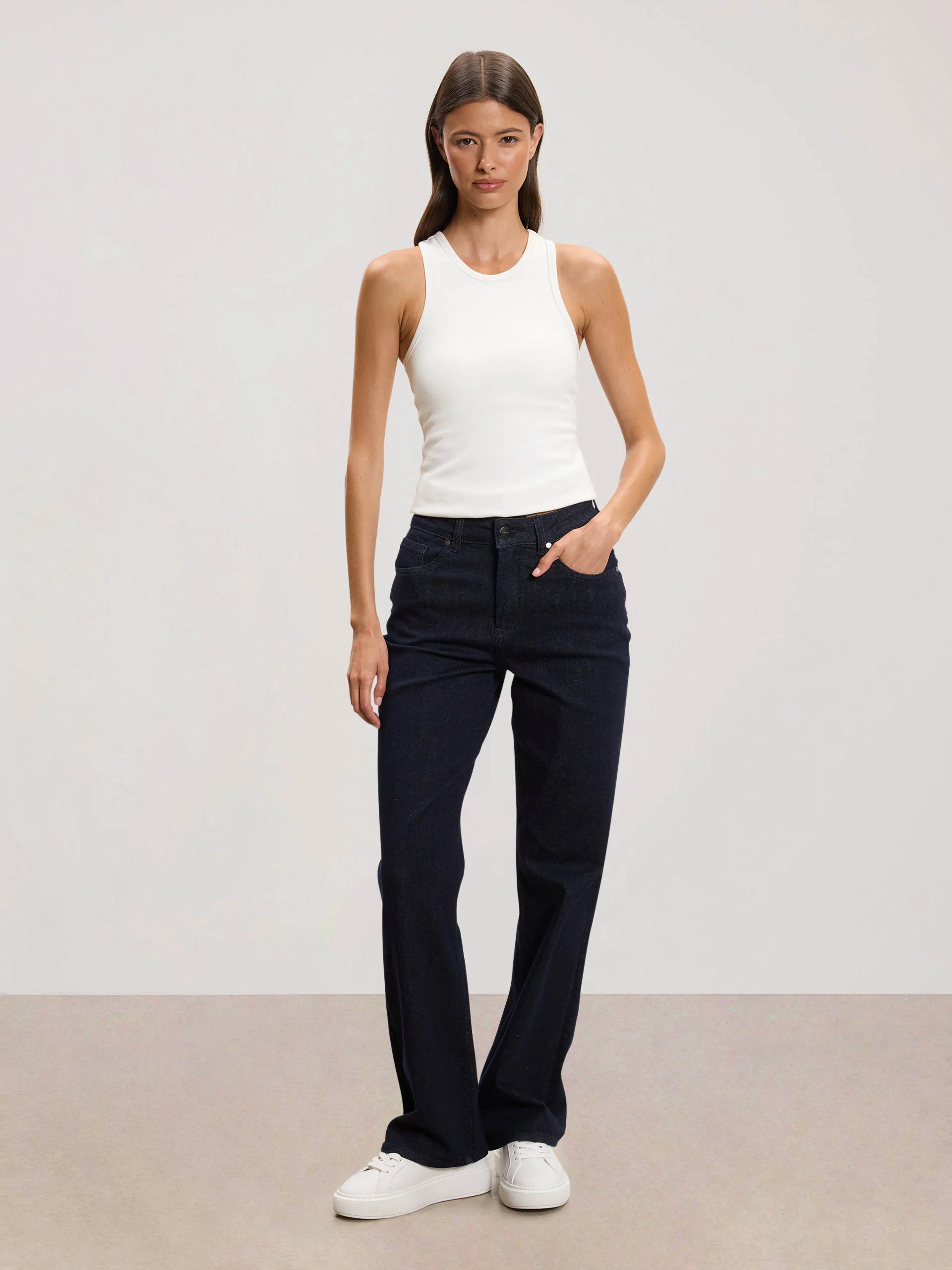 Womens Straight Leg Denim Jeans in Solid Dark Blue - Image 2