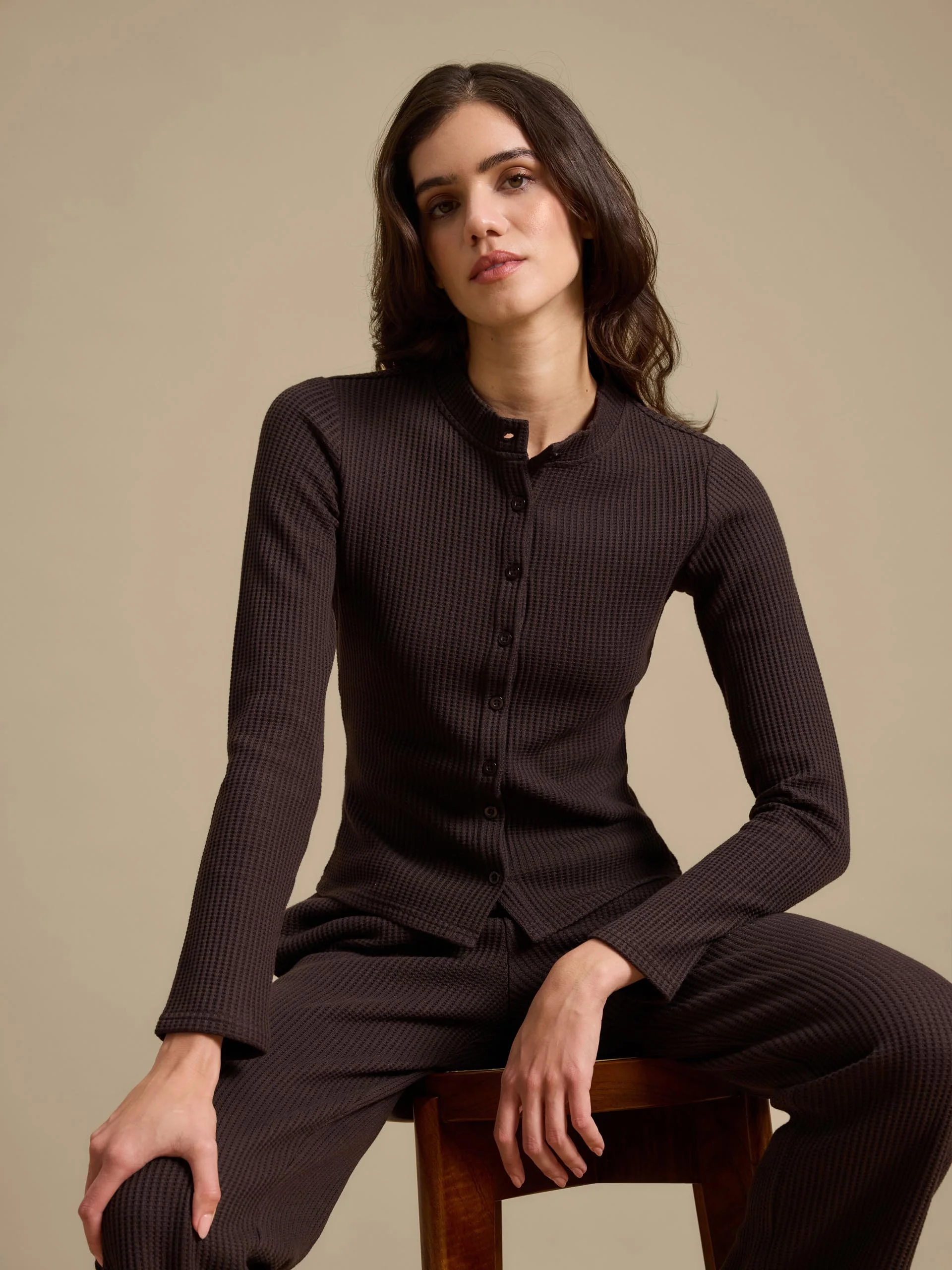 Womens Waffle Button Through Cardigan in Brown - Image 2