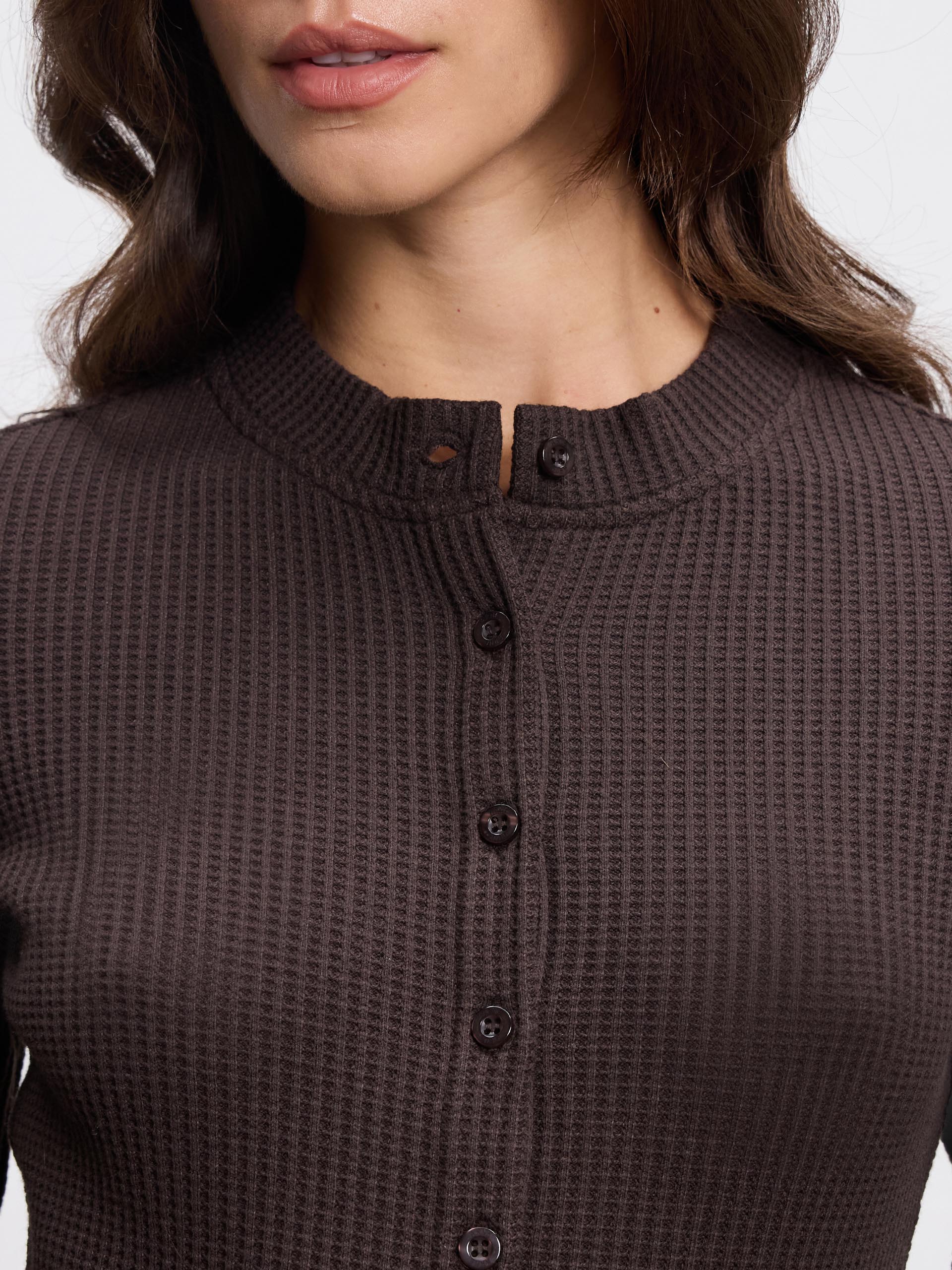 Womens Waffle Button Through Cardigan in Brown - Image 6