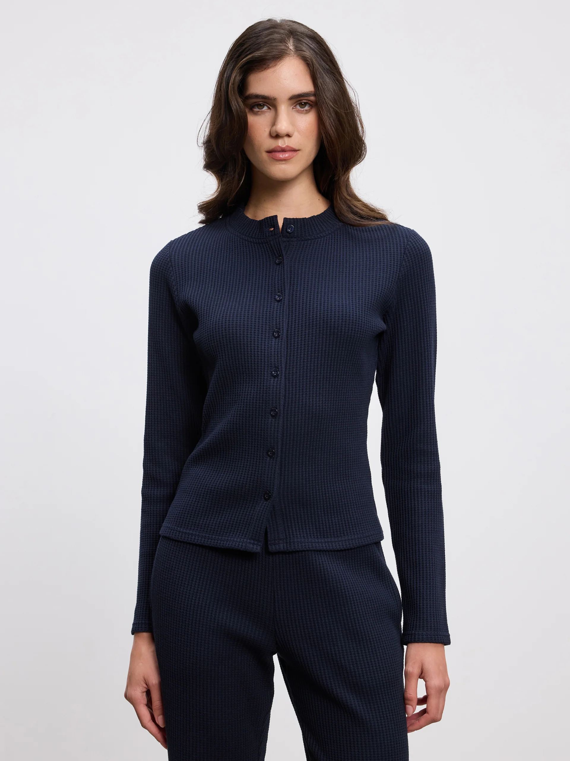 Womens Waffle Button Through Cardigan in Navy - Image 3