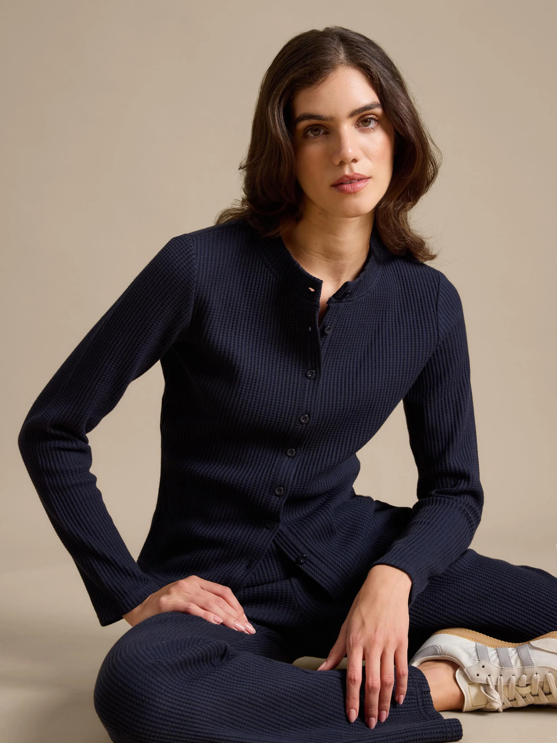 Womens Waffle Button Through Cardigan in Navy - Image 4