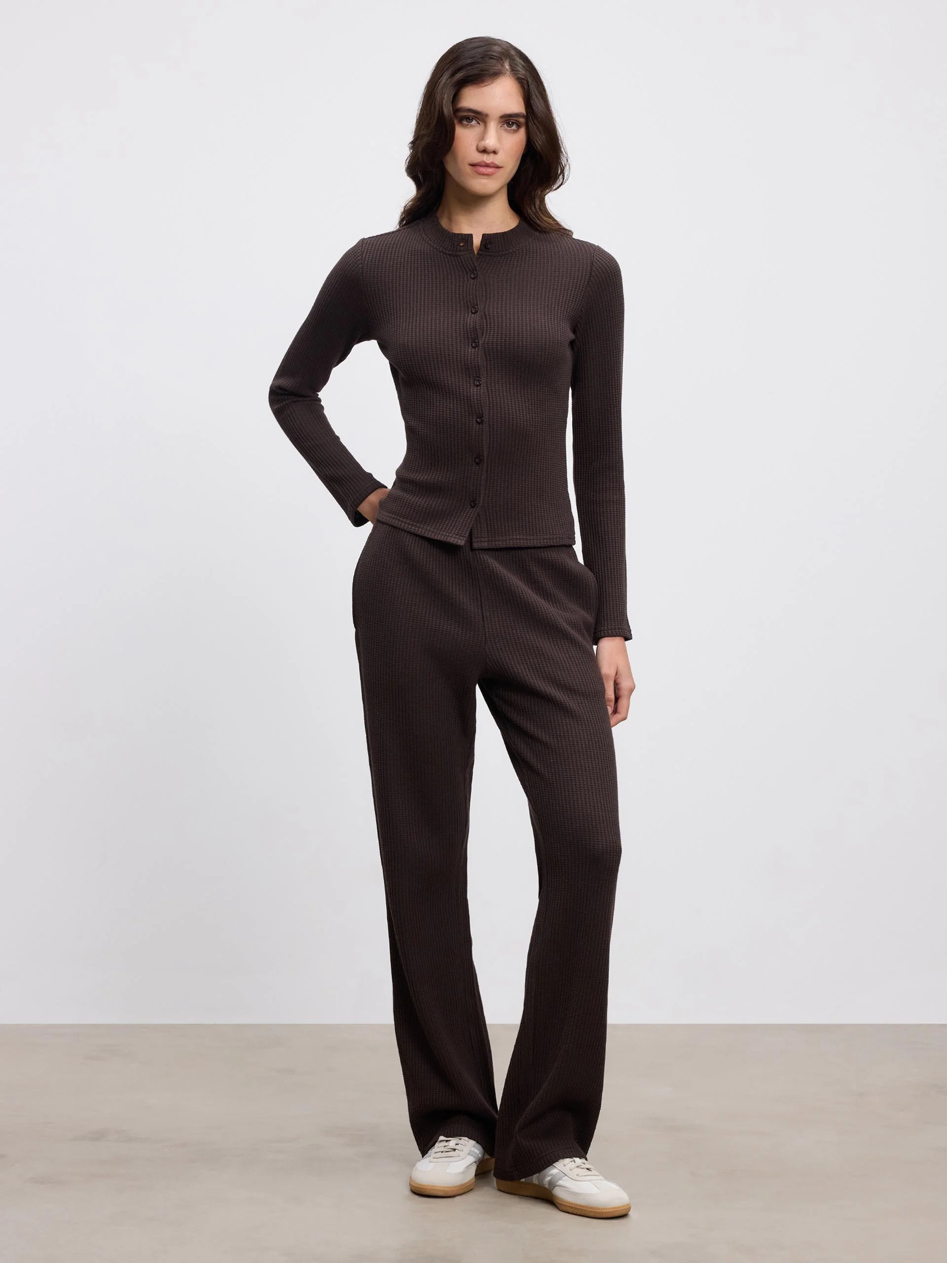 Womens Waffle Straight Leg Trouser in Brown - Image 6