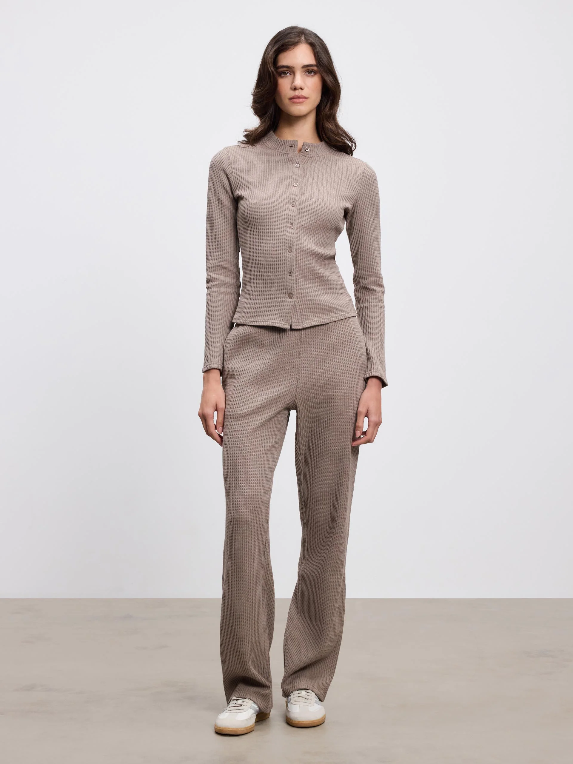 Womens Waffle Straight Leg Trouser in Taupe - Image 2