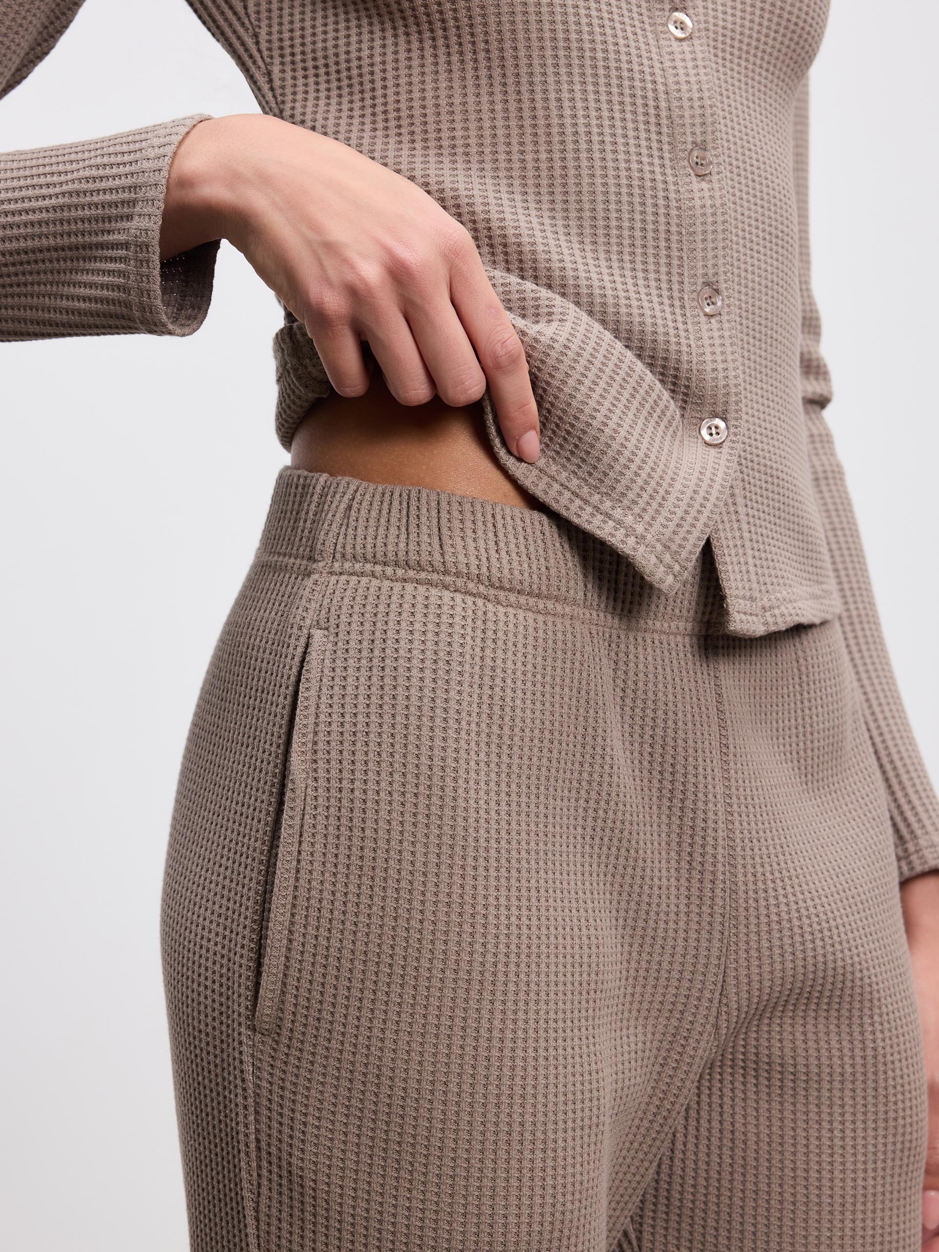 Womens Waffle Straight Leg Trouser in Taupe - Image 5